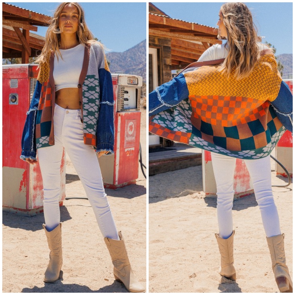 Ces Femme Mixed Knit Denim Oversized Cardigan - Picture 2 of 13